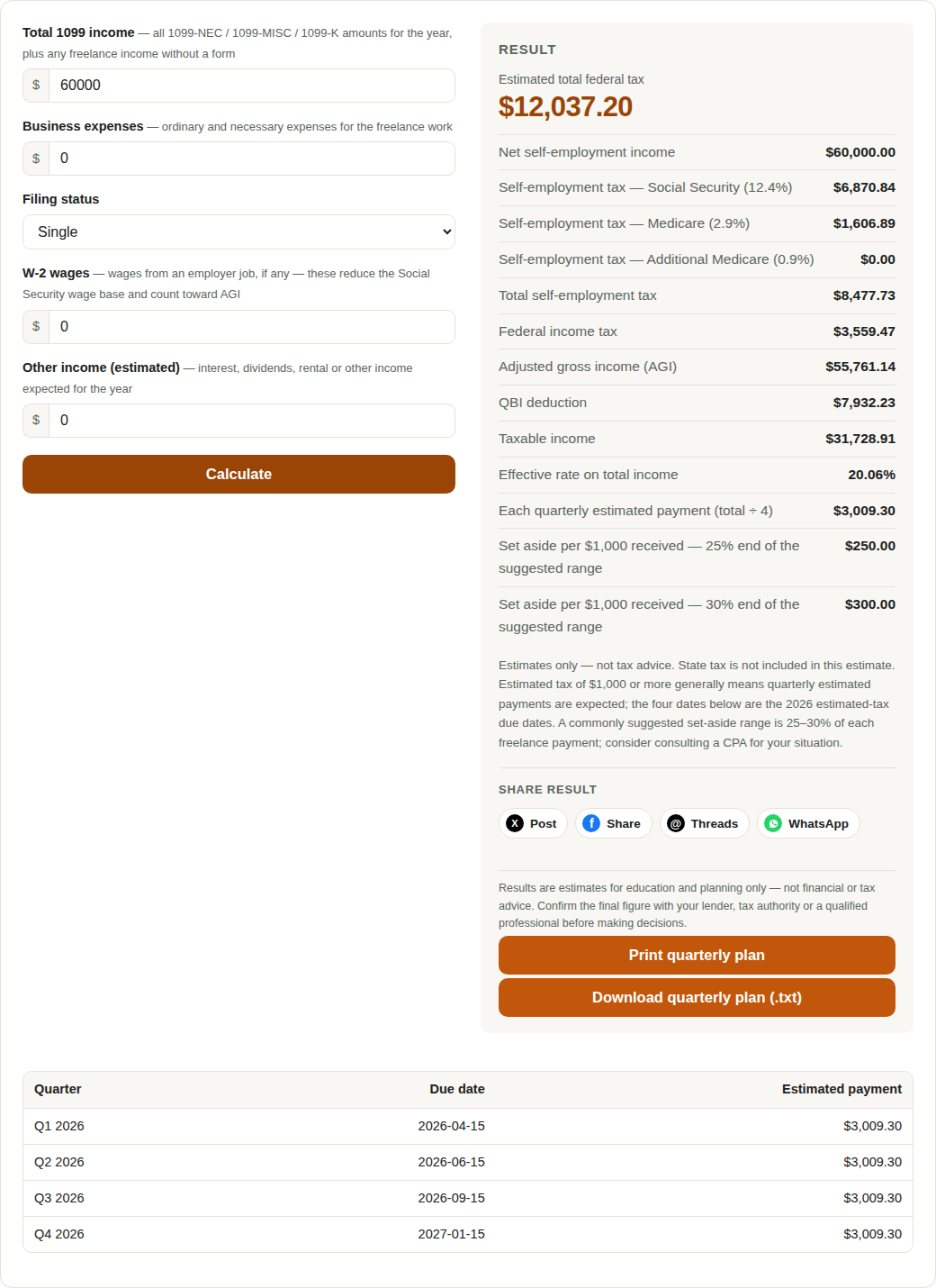 Freelancer Tax Estimator input form filled in with the $60,000 example
